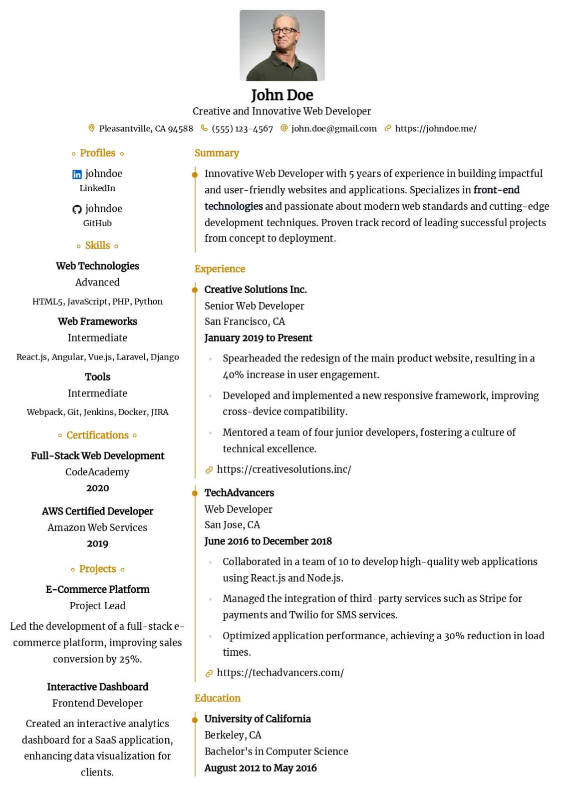 Example resume layout showing core sections such as summary, experience, and skills